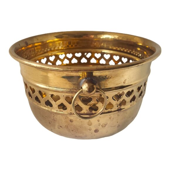 Vintage Solid Brass Planter Cache Pot Pierced Hearts Design 3.5”” H x 6” W - Picture 2 of 7